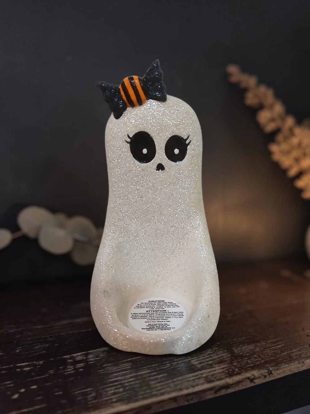 Mini Candle Holder- White with Black & Orange Bow